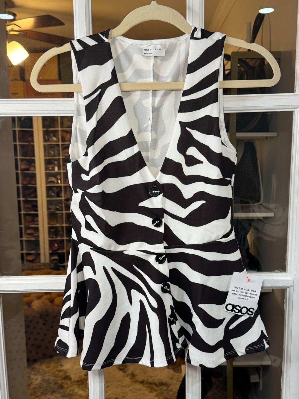 🦓▪️ASOS DESIGN button up v neck with cinch waist in zebra print blouse peplum - Picture 5 of 9